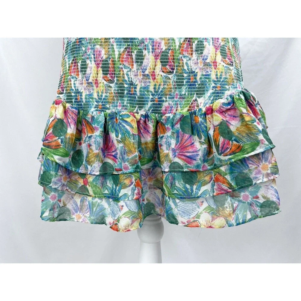 ASTR The Label XL Green Pink Blue Floral Smocked Sleeveless Dress Flutter Sleeve - Picture 3 of 12